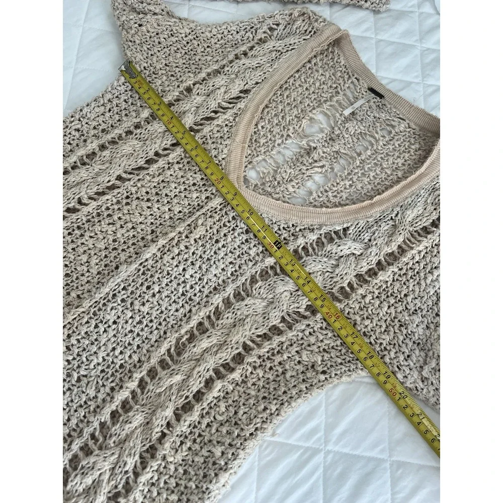 Free People Boho Open Knit Sweater Beige V Neck Beachy Crochet Coastal Top Sz XS